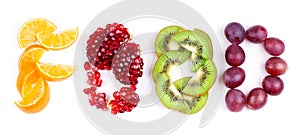 Food word made of fruits on the white background. Fruits. Food concept. Top view