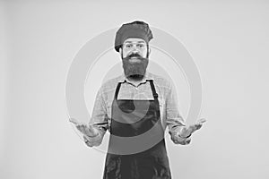 Food in your budget. confident bearded happy chef red uniform. Male chef in red uniform. mature hipster with cheerful