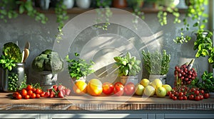 Foodfilled kitchen counter showcasing natural fruits and veggies