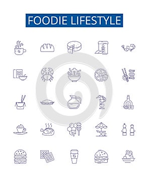 Foodie lifestyle line icons signs set. Design collection of Gourmet, Cuisine, Binging, Dieting, Cooking, Eating, Grazing