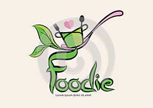 Foodies typography logo and spoon organic concept vector design, green leaf, icon