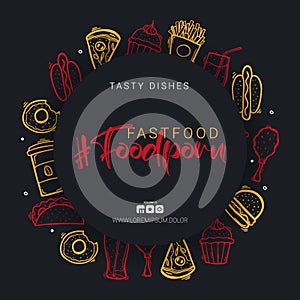 FoodPorn banner with FastFood dishes. Burger, French Fries, Soft Drinks and Coffee. Hand draw doodle background.