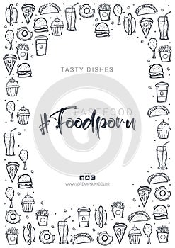 FoodPorn banner with FastFood dishes. Burger, French Fries, Soft Drinks and Coffee. Hand draw doodle background.