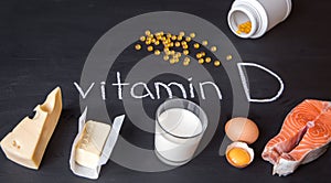 Foods containing and rich in vitamin D and yellow pills