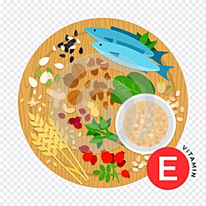 Foods containing vitamin E flat vector illustration. Diet healthy food and wellbeing concept.