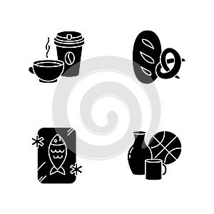 Foods and goods black glyph icons set on white space