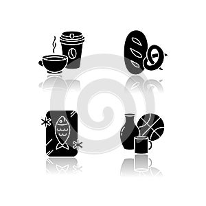 Foods and goods drop shadow black glyph icons set