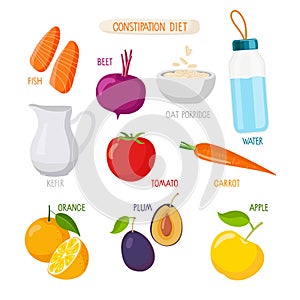 Foods That Help Relieve Constipation. Healthy nutrition Rules. Fruits, vegetables, drinks. Vector illustration isolated