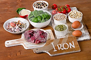 Foods high in Iron, including eggs, nuts, spinach, beans, seafoo