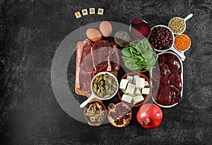 Foods high in Iron, including eggs, nuts, spinach, beans, tofu, liver, beef, beetroot, mussels, and dark chocolate.