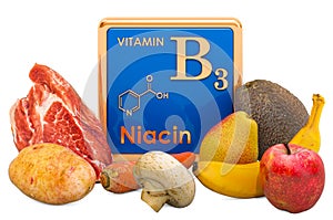 Foods Highest in Vitamin B3, Niacin. 3D rendering