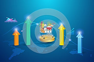 Foods inflation, CPI consumer price index, economic indicator scale concept. Shopping cart trolley on gold coins with rising graph