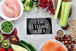 Foods with low glycemic index on gray background