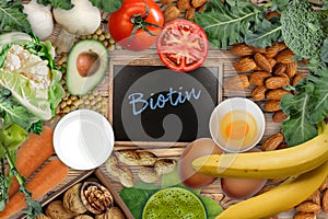 Foods rich in Biotin. Foods as eggs, soybeans, milk, cauliflower, mushrooms, carrot, broccoli, Tomatoes, banana, avocado and nuts.