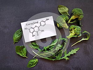 Foods rich in kaempferol include spinach, broccoli, arugula. Structural chemical formula of kaempferol.
