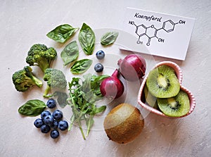 Foods rich in kaempferol include spinach, broccoli, red onion, arugula, kiwi, blueberries. Chemical formula of kaempferol