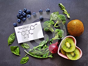 Foods rich in kaempferol include spinach, broccoli, red onion, arugula, kiwi, blueberries. Chemical formula of kaempferol.