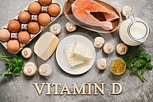 Foods Rich In Vitamin D. Products high in vitamin D. Top view, flat lay, lettering