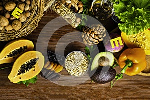 Foods rich in vitamin E such as wheat germ oil or olive oil, dried apricots, pine nuts, papaya,hazelnuts, almonds, pumpkin,rosehip