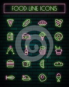 Foods thin neon glowing line icons set.vector illustration