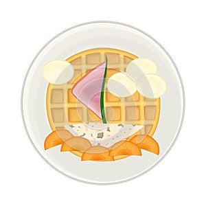 Foodstuff Arranged in the Shape of Ship on Plate Above View Vector Illustration