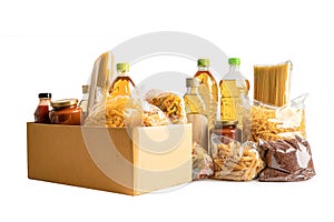 Foodstuff for donation isolated on white background with clipping path, storage and delivery. Various food, pasta, cooking oil and