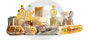 Foodstuff for donation, storage and delivery. Various food, pasta, cooking oil and canned food in cardboard box