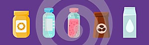 Foodstuff Icon and Different Product on Purple Background Vector Set