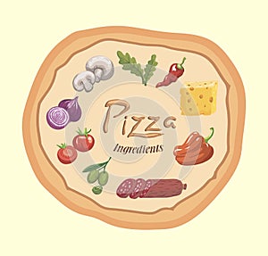 Foodstuffs. Ingredients for pizza. Color vector illustration on beige