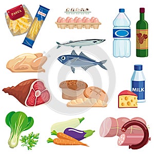 Foodstuffs. set of colored vector icons on a white photo