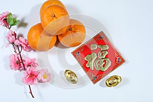 Fook, one of the most auspicious Chinese New Year greetings decorated with cherry blossom, orange and Yuanbao ingots