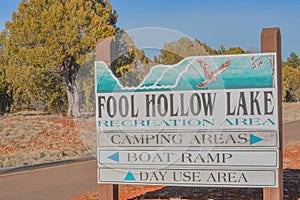 Fool Hollow Lake, Camping Area, Boat Ramp, Day Use Area Sign. In Show Low, Navajo County, Apache Sitgreaves National Forest, Arizo