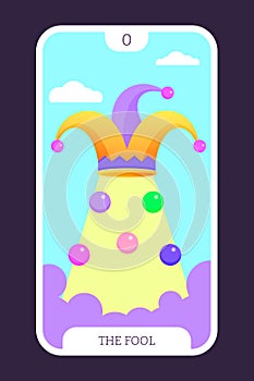 The Fool tarot cartoon flat card template major arcana. Taro vector illustration spiritual signs with esoteric magic and