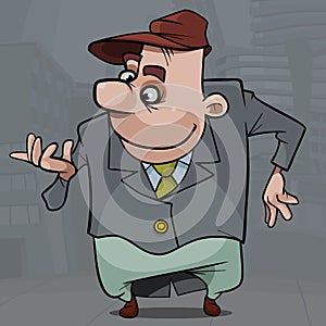 Fooling around cartoon smiling funny man in tailcoat and cap