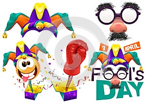 Fools cap smile on spring. Funny glasses nose. April Fools Day lettering text for greeting card. 1 April Fools Day