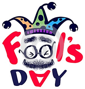 Fools day clown text greeting card isolated