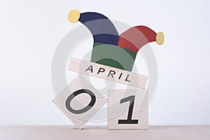 Fools` Day, date April 1 on wooden calendar