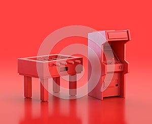 Foosball table and arcade video game cabinet in red background, monochrome single color red 3d Icon, 3d rendering