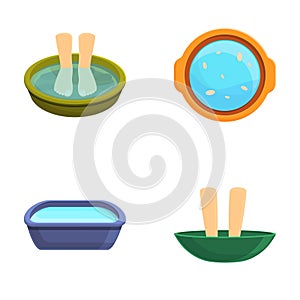 Foot bath icons set cartoon . Female feet soaking in bowl with water