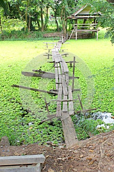 Foot bridge leading to a cottage beside the lake