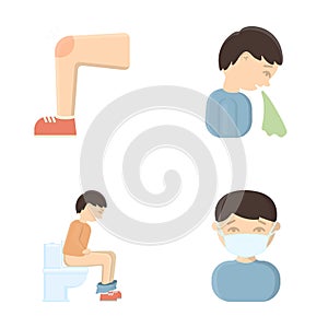 A foot with a bruise in the knee, sneezing sick, a man sitting on the toilet, a man in a medical mask. Sick set