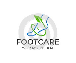 Foot care logo design. Ankle and green branch with leaves vector design