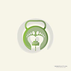 Foot care logo design with dumbbell icon. new best health and physical fitness company vector logo design