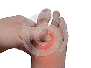 Foot with extensor tendonitis, hand rubbing feet, suffer from pain. Health and medical