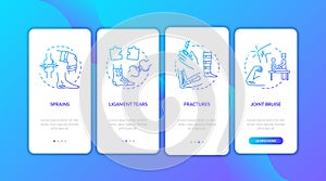 Foot and hand traumas onboarding mobile app page screen with concepts. Joint bruise, tendon injury walkthrough 4 steps