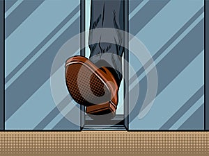 Foot holds closing elevator door pop art vector