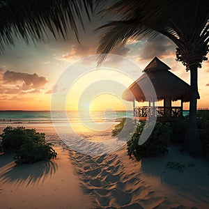 Foot jumps in the sand at the beach bungalow Sunset between palm trees by the sea AI Generated AI