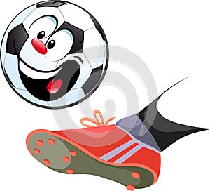 Foot kicking funny soccer ball isolated