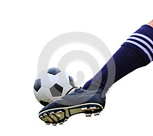 Foot kicking soccer ball isolated