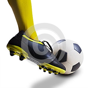 Foot kicking soccer ball isolated